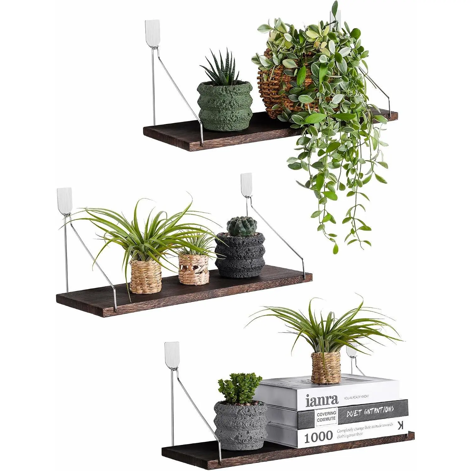 Rustic Wood Floating Wall Shelves Set of 3, No Drill Adhesive Mount, Renter Friendly Display Rack for Plants Decor in Bedroom Bathroom KitchenGift