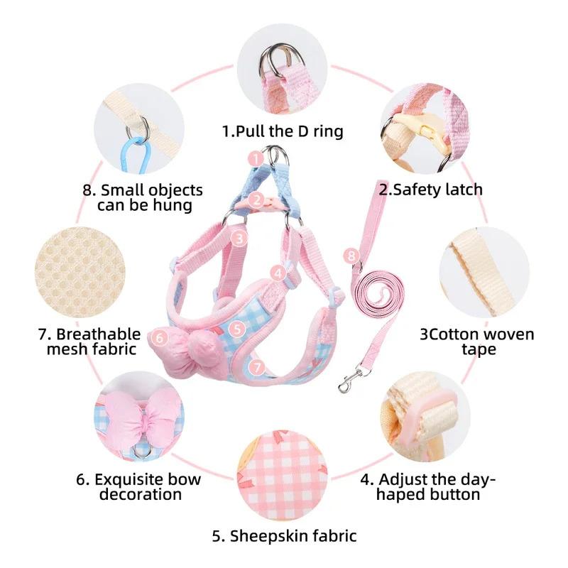 Cute Checkered Bow Tie Dog Harness Anti-Pull Dog Collars Adjustable Pet Harnesses Vest for Small  Dogs Walking Pet Supplie