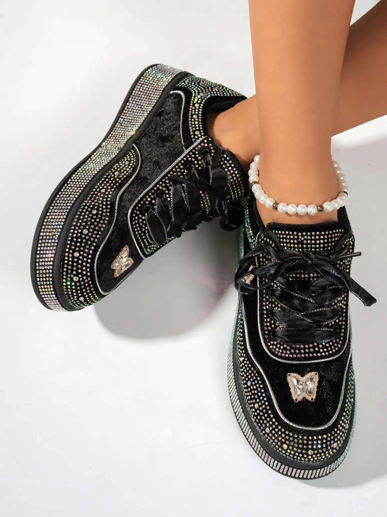 Women's Lightweight Buckle Sequin Sports Shoes, Comfortable Casual Footwear, Fashion Trendy Design, Sparkling Butterfly Decoration