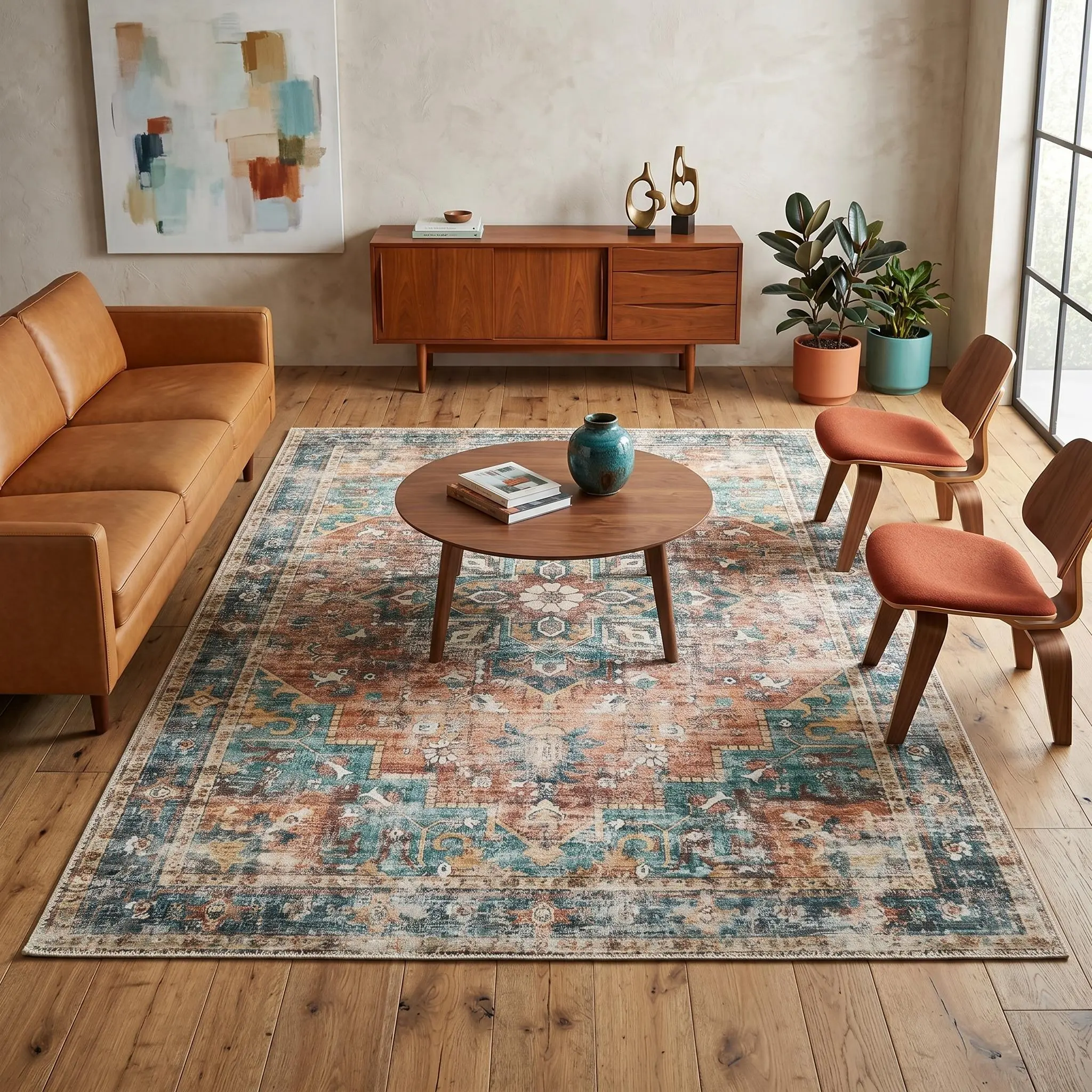 Vintage Distressed Persian Medallion Oriental Area Rug Thin Low Pile Non Slip Washable Soft Stain Resistant Pet Friendly Durable Indoor Floor Carpet High Traffic Mat for Living Room Bedroom Hallway Farmhouse Apartmen Rustic Seasonal Home Decor