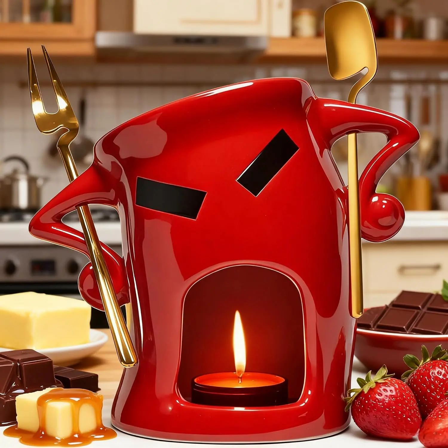 Ceramic Fondue Cup Set w/-In Fork & Spoon - Mini /Cheese Fondue Mug | Microwave & Dishwasher Safe | Compact - (Red)