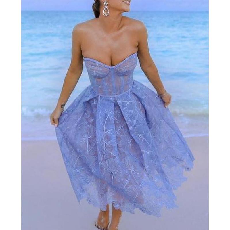 Evening Dress, Women's Dress, Slim Fit Strapless Dress, Sexy Embroidered Lace Dress. Elegant White Embroidery Formal Wear