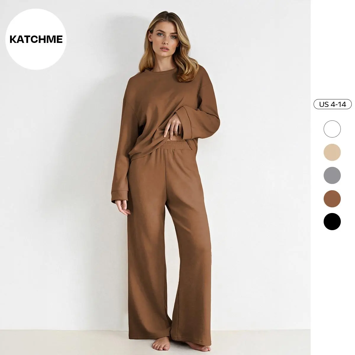 KatchMe Women's Spring & Fall Slouchy Scoop Neck Textured Long Sleeve Top & High Waist Stretch Trousers Co-ord, Soft Breathable Two Piece Outfits