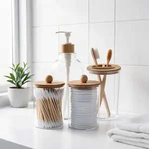 4pcs Bathroom Accessories Soap Dispenser, Swab Holder Jars, Toothbrush Holder, Boho Bathroom Decor Storage Box, Aesthetic Room Decor, Home Decor, Kitchen Accessories, Bathroom Decor, Bedroom Decor