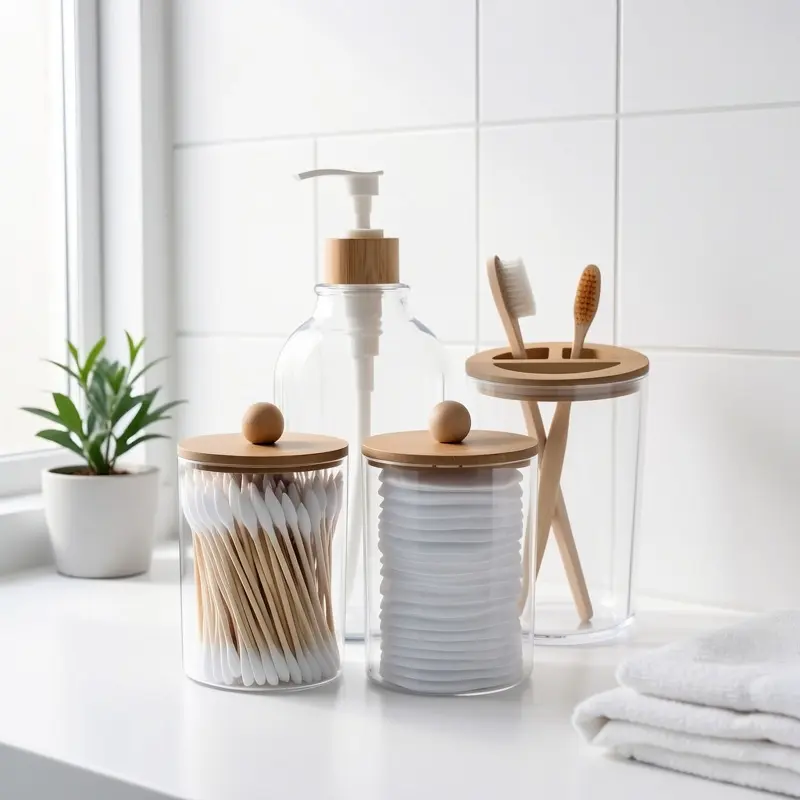 4pcs Bathroom Accessories Soap Dispenser, Swab Holder Jars, Toothbrush Holder, Boho Bathroom Decor Storage Box, Aesthetic Room Decor, Home Decor, Kitchen Accessories, Bathroom Decor, Bedroom Decor, Restroom Accessories, Bathroom Gadgets