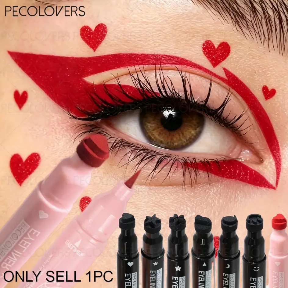 1PC Waterproof Red Eyeliner Pen with Love Stamp - Ultra-Fine Tip for Precision Lining, Great for Party Makeup, Holiday Looks, or Bold Daily Expression