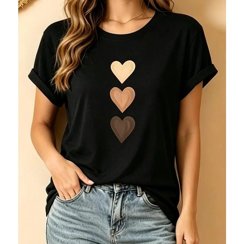 Women's Retro Chic Cotton Blend Round Neck Short Sleeve T-Shirt - 3-Heart Smooth Print, Side Seamless, Asymmetric Cut, Summer Casual Short Sleeve Tops
