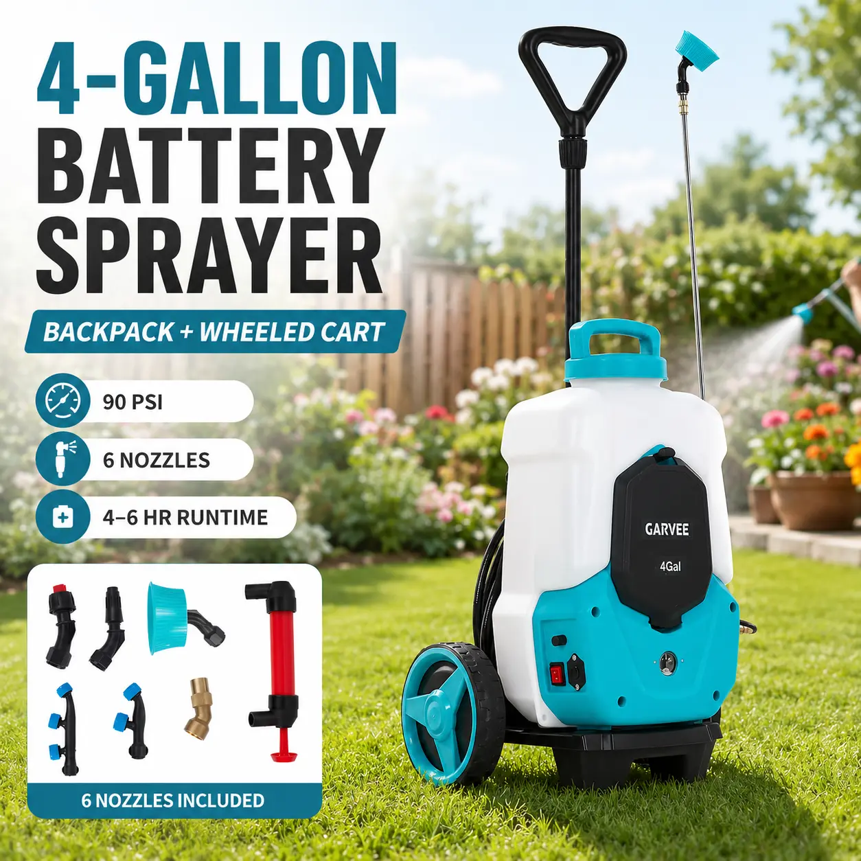 4-Gallon Battery Powered Backpack Sprayer with Wheeled Cart, 12V 8Ah Rechargeable, 90 PSI Adjustable Pressure, 6 Nozzles & 2 Wands, 4–6H Runtime for Lawn & Garden