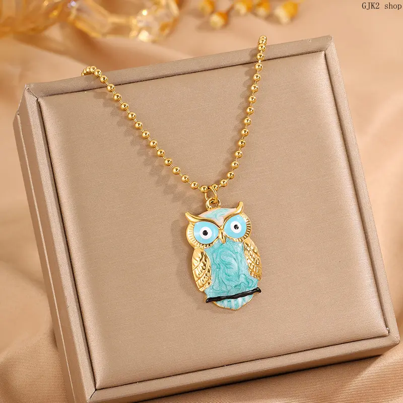 Gold Tone Enamel Owl Necklace, Cute Painted Owl Pendant Ball Chain Necklace For Women