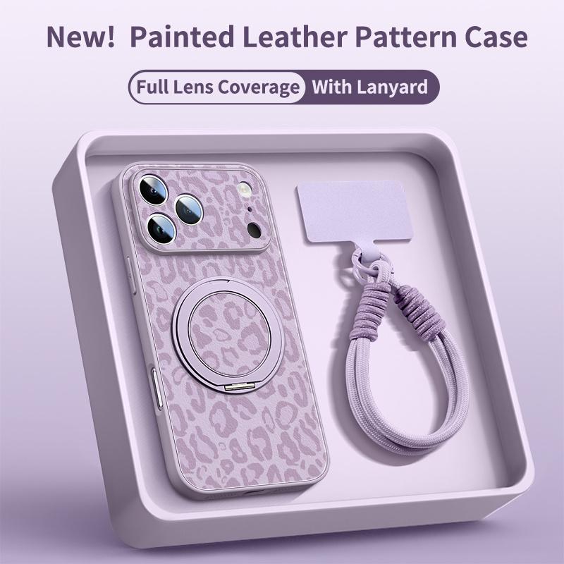 Phone Case - Leopard Pattern Phone Case for Iphone 17 Pro Max Faux Leather Pattern Phone Case 13 Equipped with a Rotating Bracket for Iphone 14  15Pro with Lanyard 17 iphone 12 Custom Monogram Striped Pink wildflower junk lurvia tripod 360 rotation