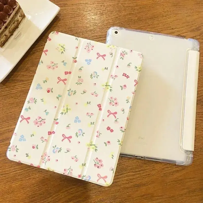 Multicolor Tiny Floral & Scattered Bow Print TPU (Thermoplastic Polyurethane) iPad Series Cover, Auto Sleep/Wake Tablet Protection Case with Accessories Compatibility