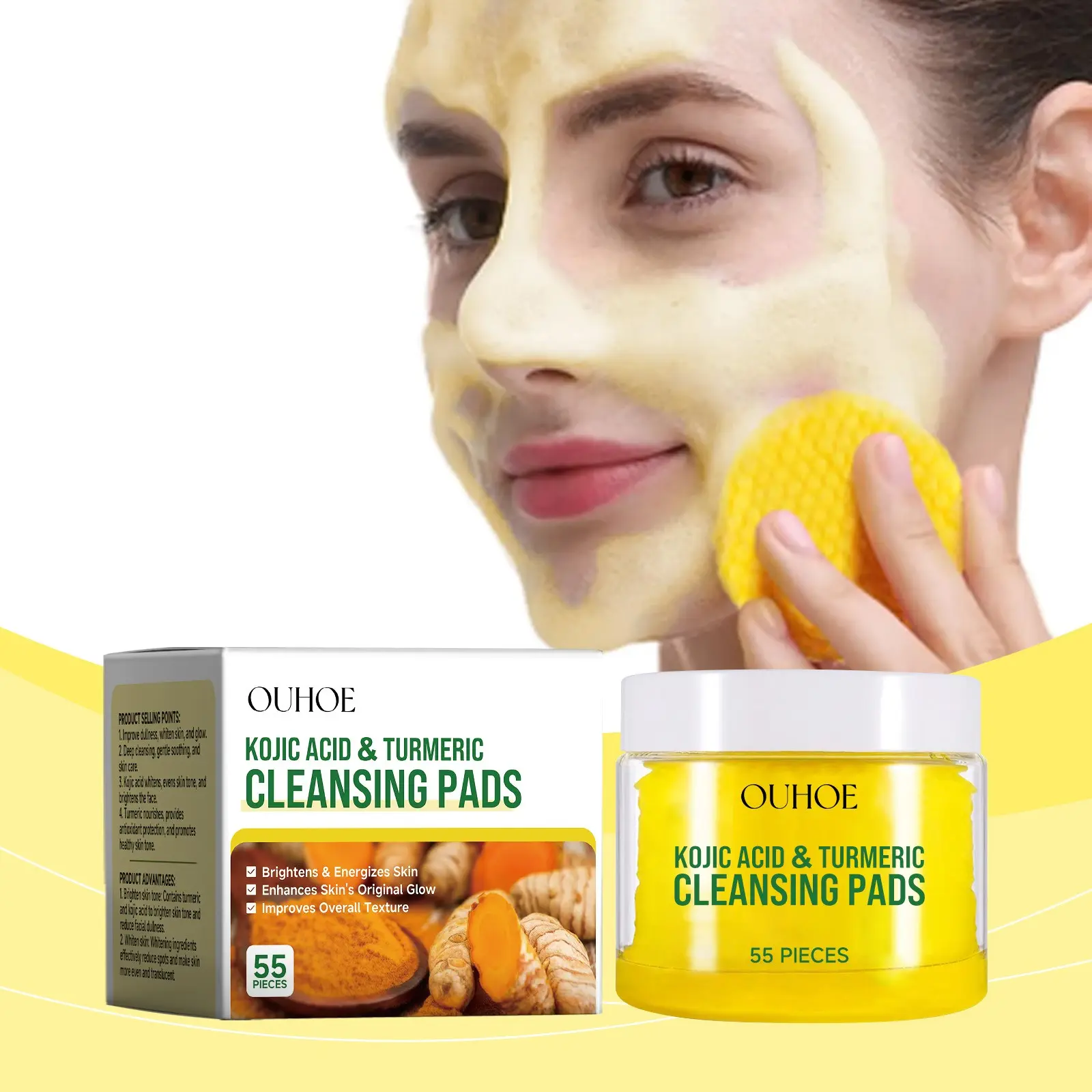 Turmeric Facial Cleansing Pads – Gentle Exfoliating, Deep Pore Cleaning, Hydrating & Brightening Face Wipes, Cleanser