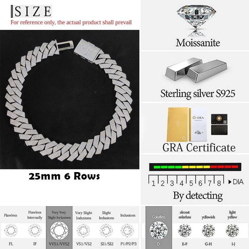 Pass Diamond Test GRA Moissanite 25mm Wide 6Rows 925 Solid Silver Cuban link chain for Rapper Hip Hop VVS Iced Out Necklace.