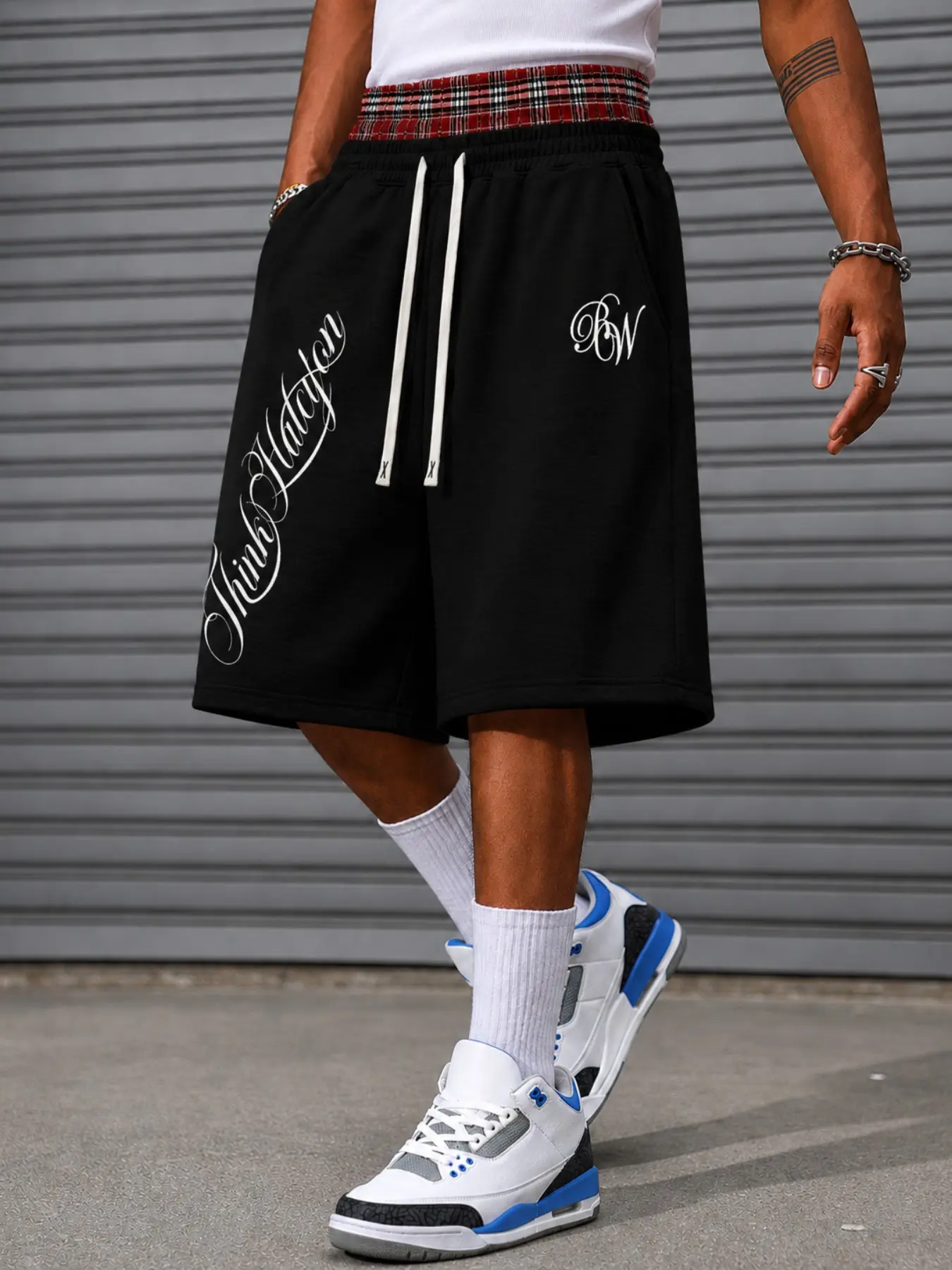 Layered Plaid Waistband Cursive Script Letter Graphic Knee Length Shorts, Lightweight Shorts, Dual Waist Design Adjustable Drawstring Loose Wide Fit Unisex Casual Bottoms, Retro Hip Hop Summer Daily Lounge Wear Viral Trending On TikTok Sweat Short