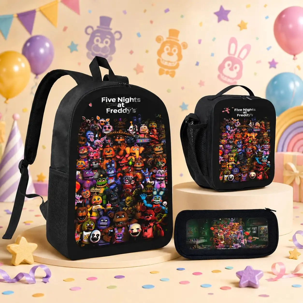 FNAF Backpack 3 PCS Set Freddy Fazbear Travel Daypack with Lunch Bag Pencil Case Casual Double Shoulder Bag