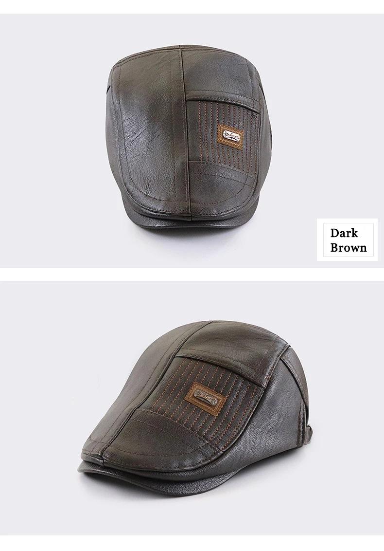 PU Leather Beret Hat Men Autumn Winter Faux Leather Duckbill Newsboy Cap Herringbone Middle-aged Men's Flat Peaked Cap For Dad