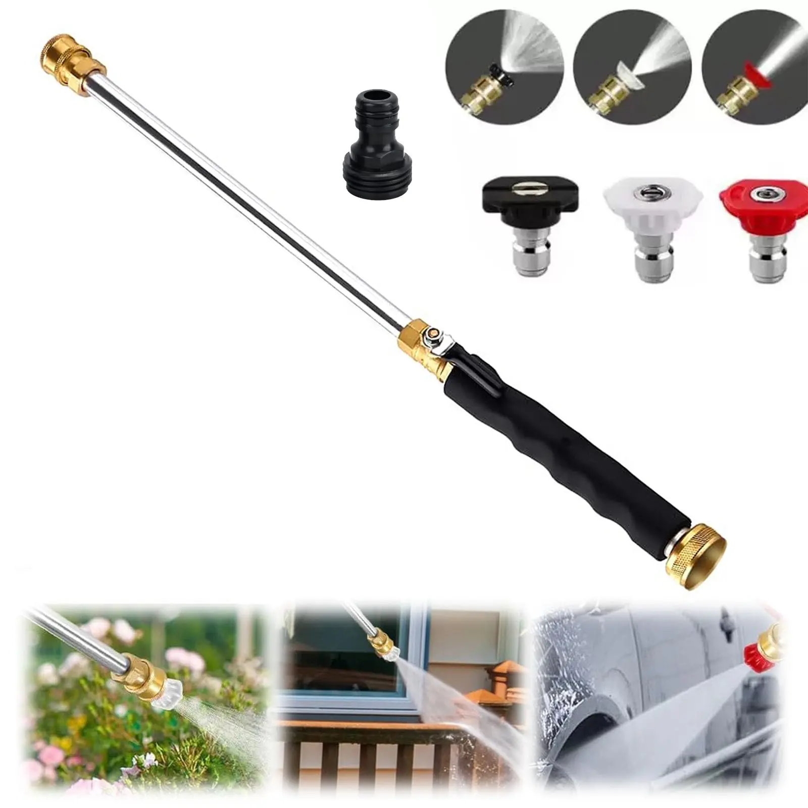 Garden Hose Multi-Nozzle Cleaning Tool, 3 Replaceable Nozzles, Quick Connect Adapter, Multifunctional Watering Tool, Car Wash, Garden Irrigation, Ground Flushing, Heavy Duty Hose Nozzle