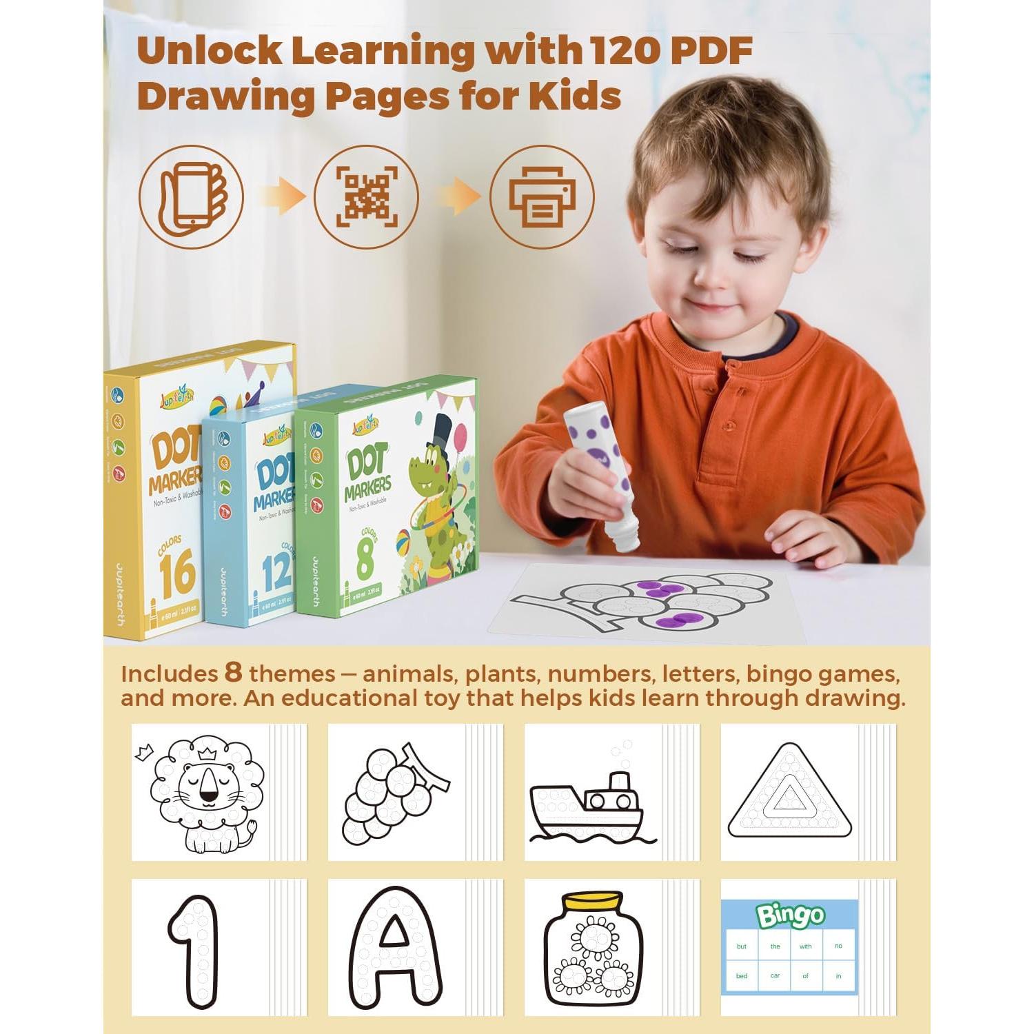 16 Color Dot Markers for Toddlers, Includes 120 PDF & 24 Printed Activity Papers, 2 Stencils, Washable Non-Toxic Bingo Daubers for Toddler Arts and Crafts, Preschool Art Supplies Gift Colorful Precision Pens Colorful Gel Pens, markers for coloring