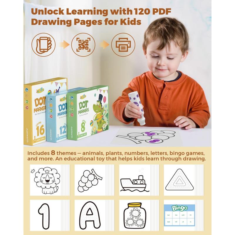 16 Color Dot Markers for Toddlers, Includes 120 PDF & 24 Printed Activity Papers, 2 Stencils, Washable Non-Toxic Bingo Daubers for Toddler Arts and Crafts, Preschool Art Supplies Gift Colorful Precision Pens Colorful Gel Pens, markers for coloring