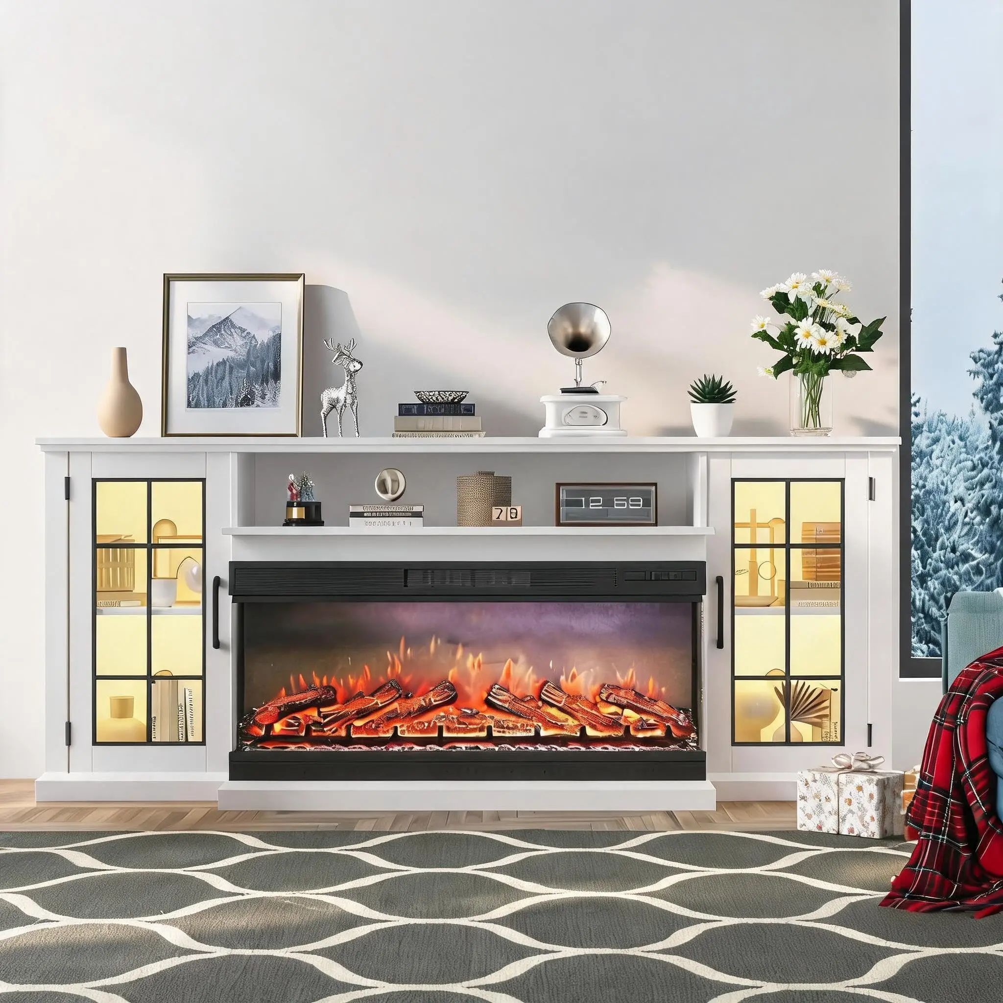 【Garvee】Electric Fireplace TV Cabinet – with 40 Inch Three-Sided Glass, 12 Color Flame and Log Options – 5000 BTU Heater, Push-Button Control, and LED Display