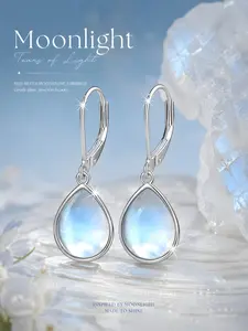 Women's S925 Silver Elegant Water Drop Moonstone Earrings, Fashion Dangle Ear Studs, Unique Design Earrings, Hypoallergenic Daily Wear Jewelry Gift, Teardrop Earrings, Dangling Earrings