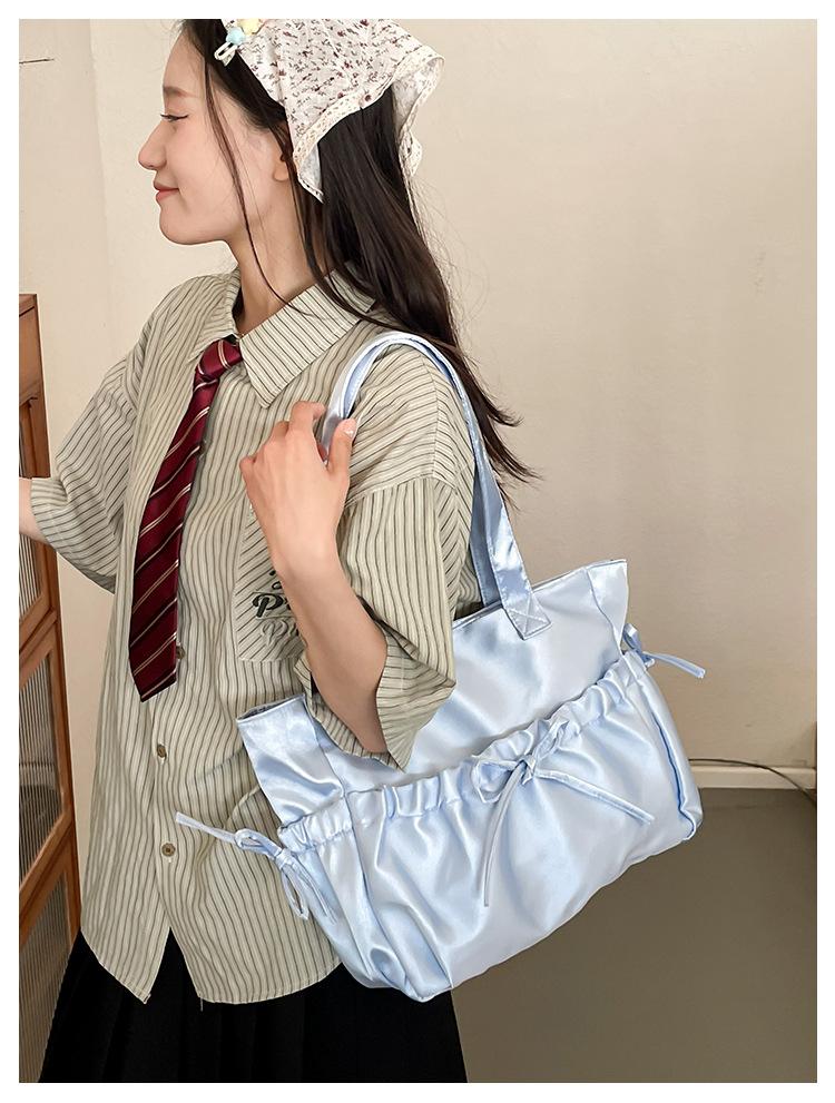 Sweet Ballet Style Girl Tote Ruched Bow Chic Student Preppy Style Shoulder Bag Large Capacity Cute Elegant Handbag