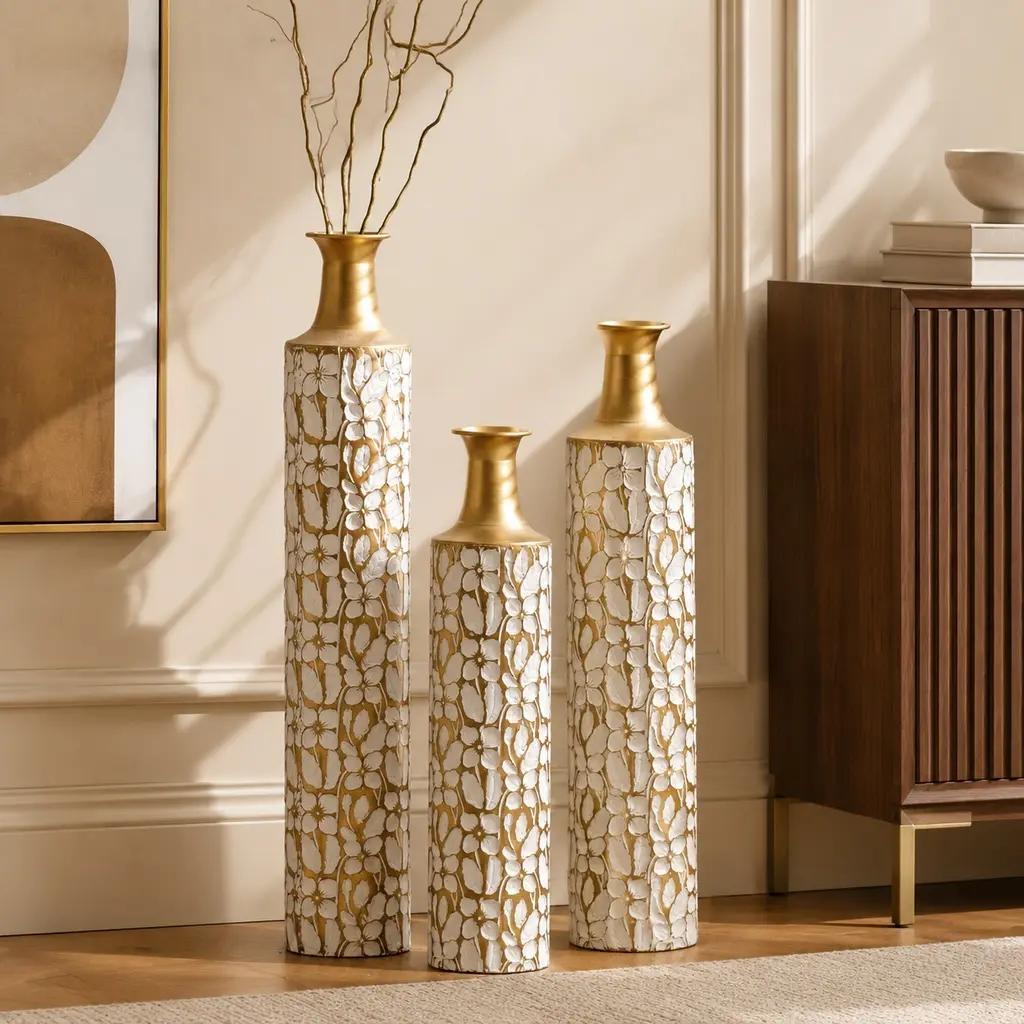3-Piece Narrow Tall Cylindrical Decorative Vases Set - Lightweight Ornate Metallic Floor Vases, 24/28/32.3in Height, 5.31in Base Width, White Arch Design, Leaf Accent, Gold-Themed Artistic Ornaments for Home Living Room Decor, Ornate Metallic Vases, Narro