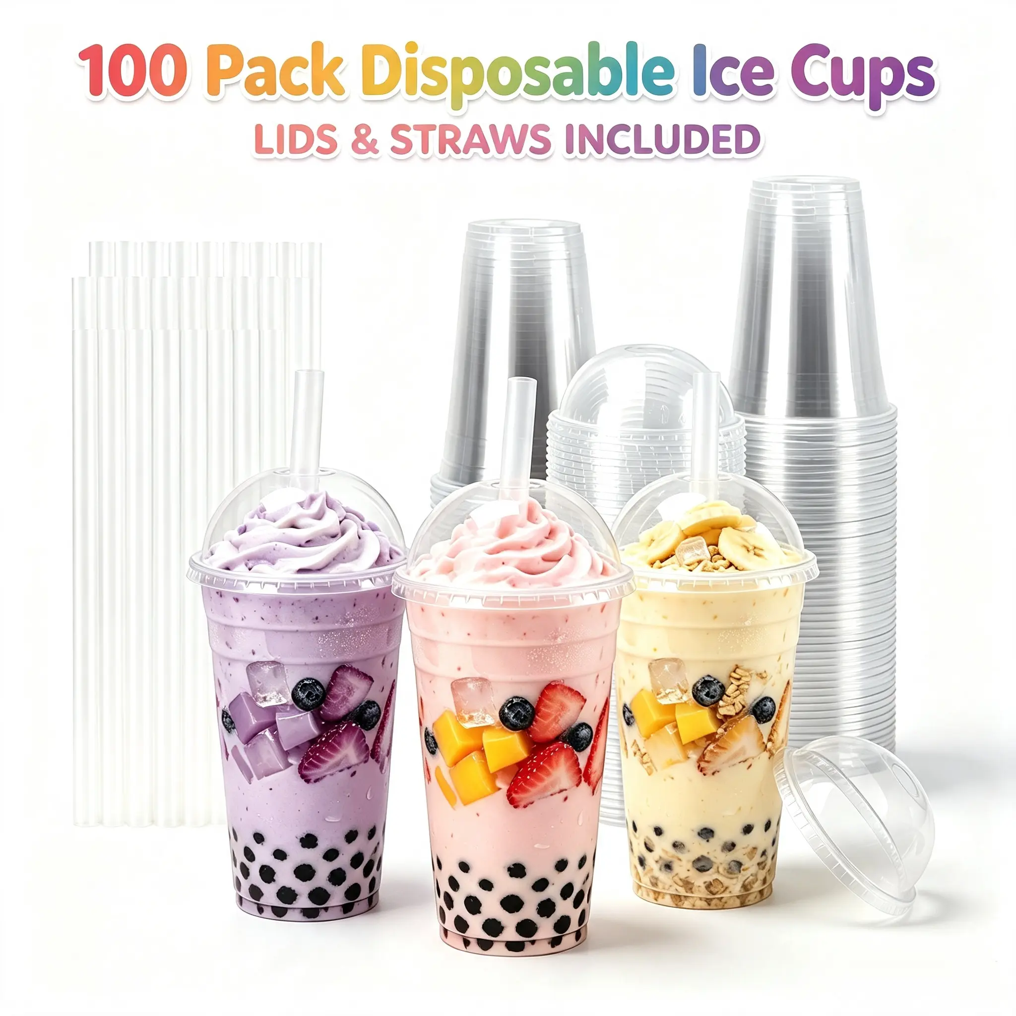 50 or 100  Pack Clear PET Cold Drink Cups with Dome Lids & Straws, Disposable To-Go Plastic Cups for Outdoor Picnics, Birthday Parties, Camping Gatherings & Office Commute Cold Drinks