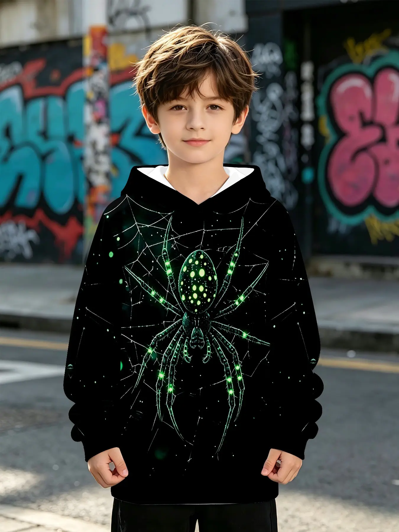 Fluorescent Glow-In-The-Dark Spider Kids Hoodie, Long Sleeve Loose-Fit Sweatshirt, Casual Fall & Winter Outer Vest