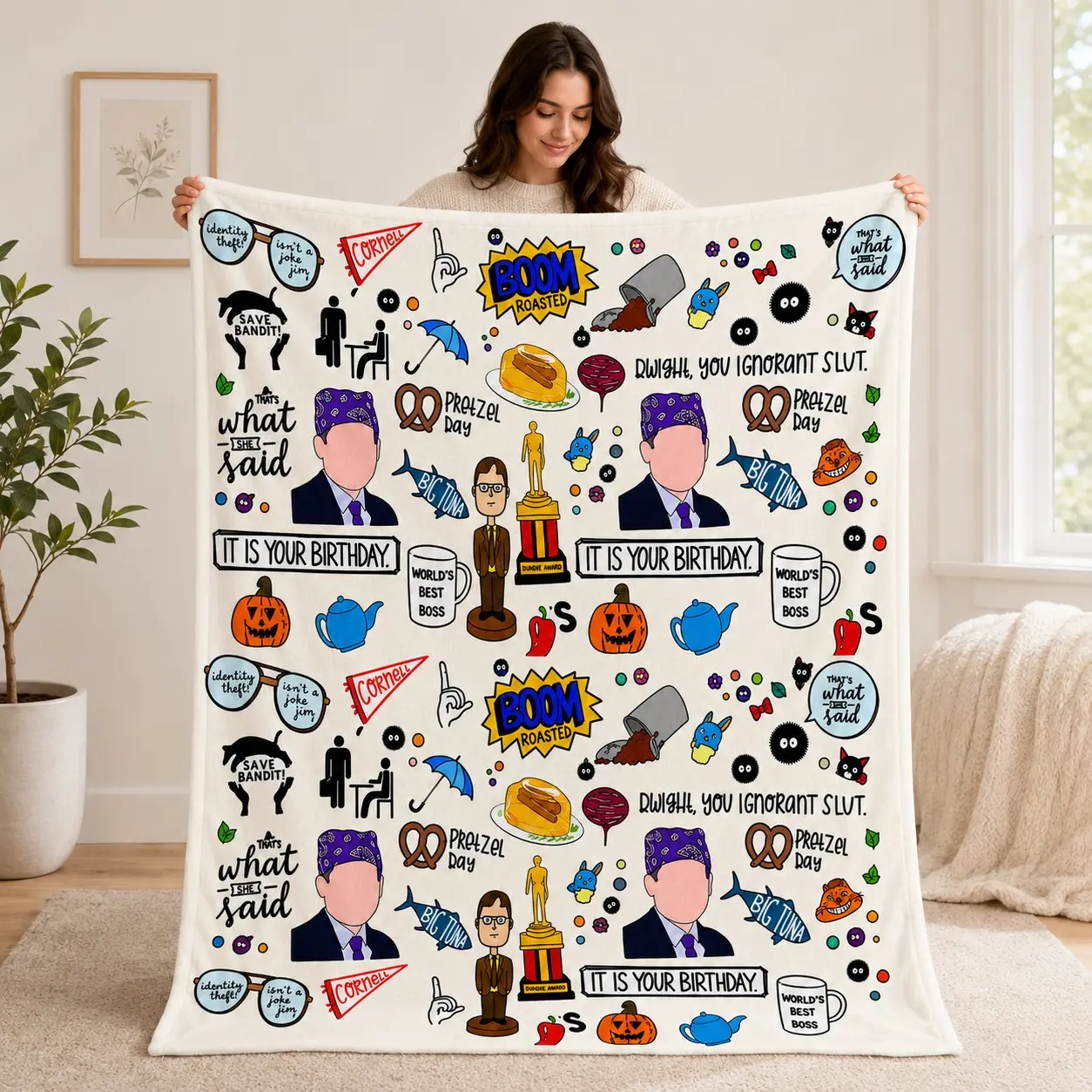 The Office Inspired Flannel Blanket, Funny Retro TV Show Print, Soft Cozy Couch Bed Blanket, Home Decor, Binge Watching & Gift