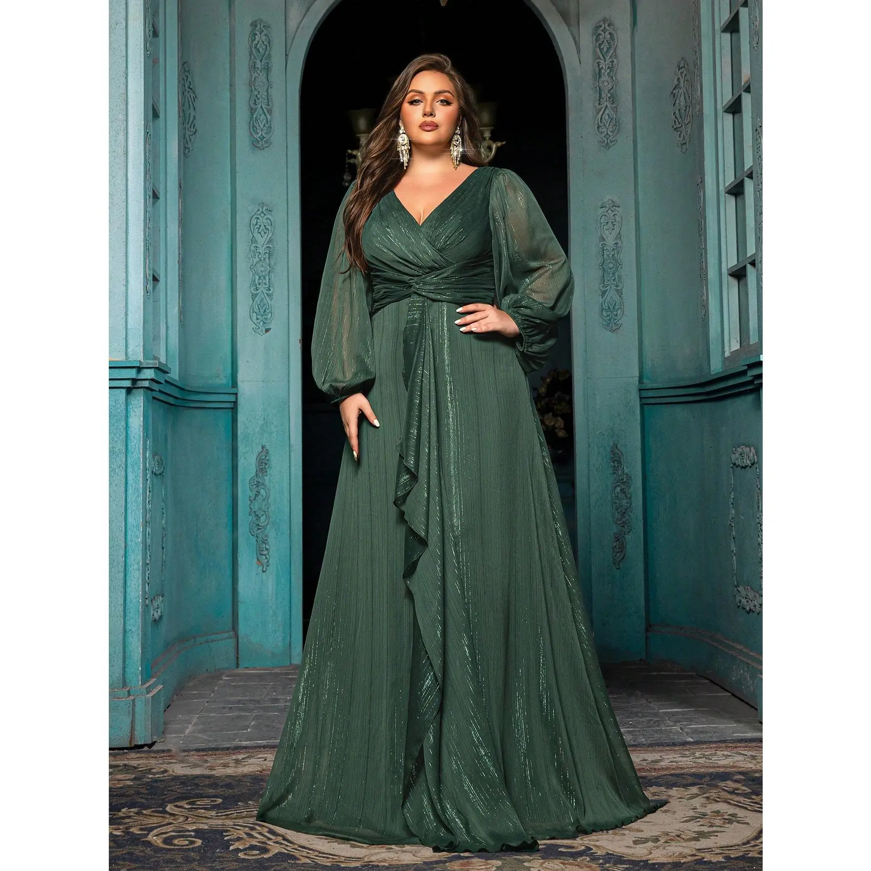 Women's Plus Size Dark Green Shimmer Formal Evening Gown - V-Neck, Long Bishop Sleeve, Maxi Dress for Wedding Guest, Prom, Banquet Knitted Fabric