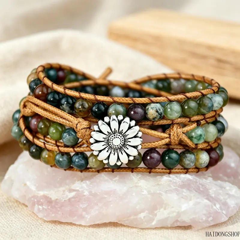 Boho Viral Coastal Spiritual Quiet Luxury Hand Braided Agate Beaded Wrap Bracelet For Women, Multi-Loop Stackable Wrist Cord Jewelry, Natural Stone Accessory For Travel Festival Meditation Daily Outfit Styling