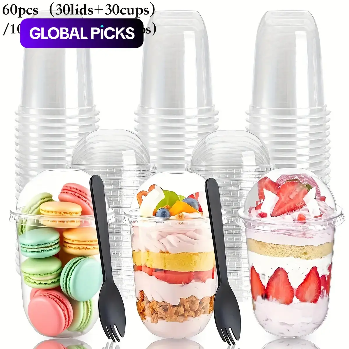 60pcs/100pcs 30Cups+30lids/(50Cups+50lids) 16oz Disposable Cups with Lids, Transparent Plastic Dessert Bowls, Clear Dessert Cups, Disposable Parfait Cups, No-Hole Snack Bowls, Plastic Cups Set for Pudding, Yogurt, Fruit, Ice Cream, Cake
