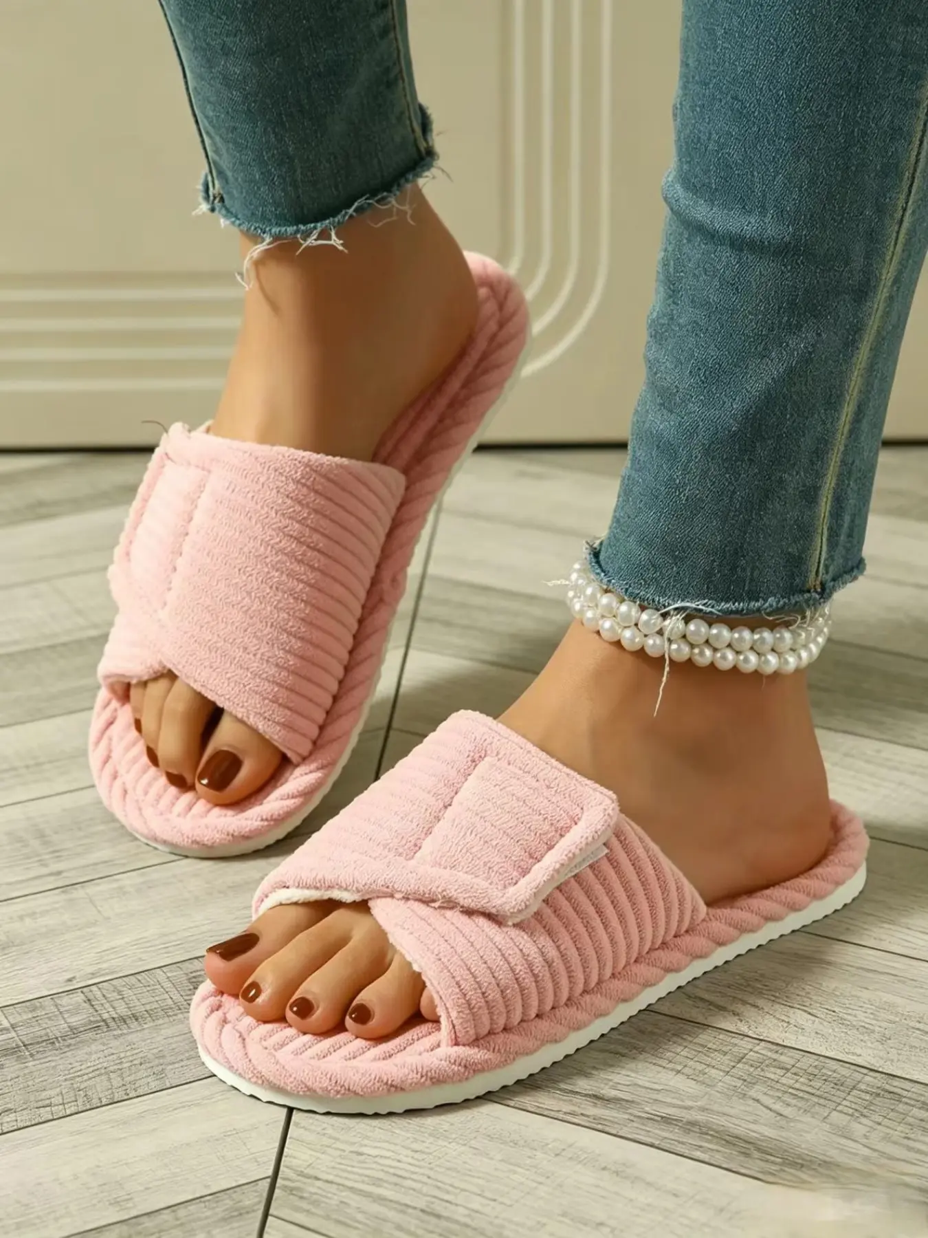 Women's Velcro Open-Toe Plush Slippers, Soft Sole Non-Slip Indoor Shoes, Adjustable Toe Warm Home Footwear, Spring & Fall Casual Style