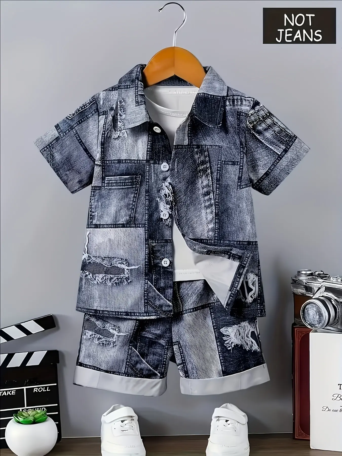 Boy 2-Piece Set Short Sleeve Shirt Top, Fashion Casual, Trendy All-Over Print, Comfortable Slim-Fit Clothing