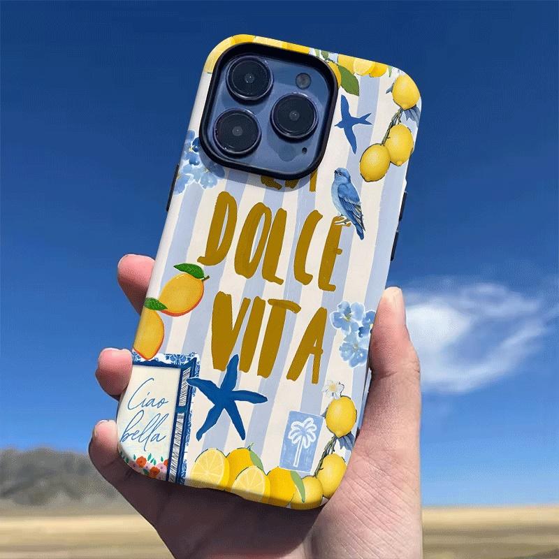 Lemon Bluebird, blue striped pattern 2-in-1 protective case - durable, double-layer design, drop-proof, suitable for iPhone 17, 16, 15, 14, 13, 12, 11, 8, 7, X, XS, XR, Plus, Air, Pro, Max, Mini, SE2, SE3, a perfect New Year's gift for friends, family, an