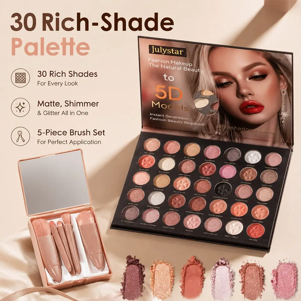 Julystar 30 Colors Eyeshadow Palette, 5pcs Travel Makeup Brush Set, Matte Shimmer Glitter, Long Lasting Eye Makeup for Fall Halloween
