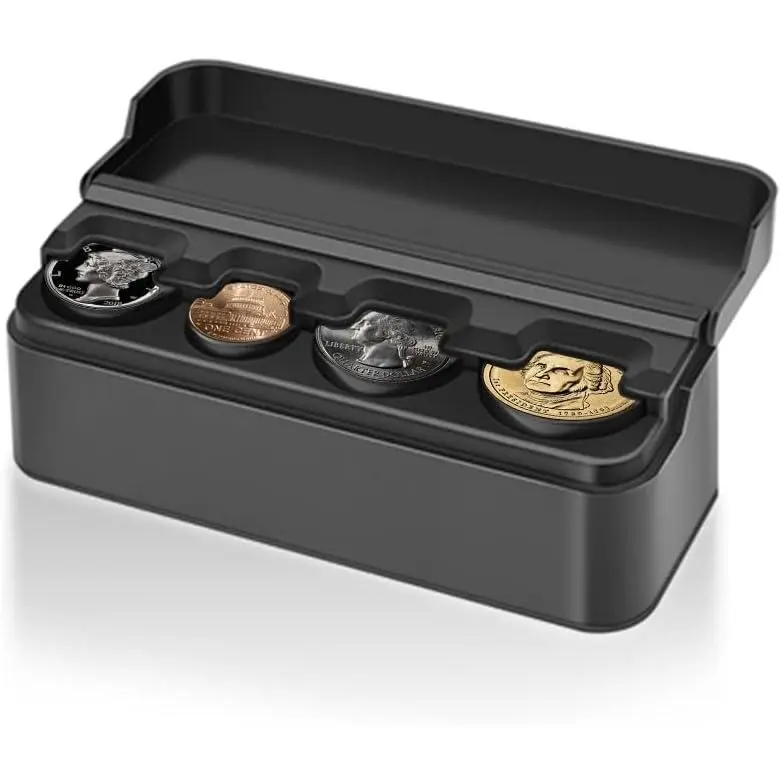 Compact Coin Holder for Car - 4 Compartment&Automatically Holds Coins Coin Organizer(1 Dollar,Quarter,Dimes) - Universal Center Console Coin Case for Car Taxi SUV Truck