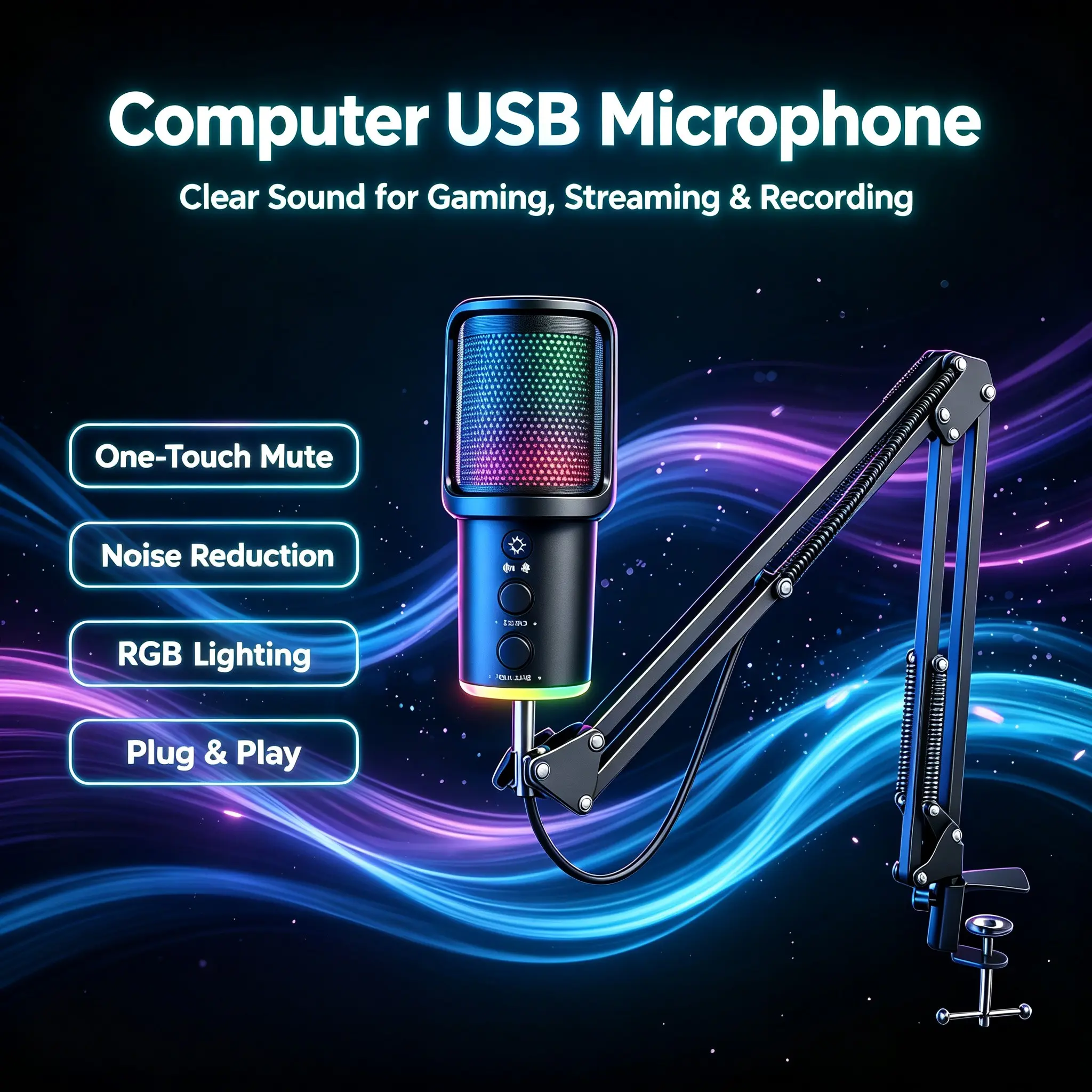 Computer USB Condenser Boom Mic, Live Streaming Gaming Mic, One-Button Mute, RGB Light Effects, Pop Filter + Shock Mount, Ps4/ps5/PC Compatible