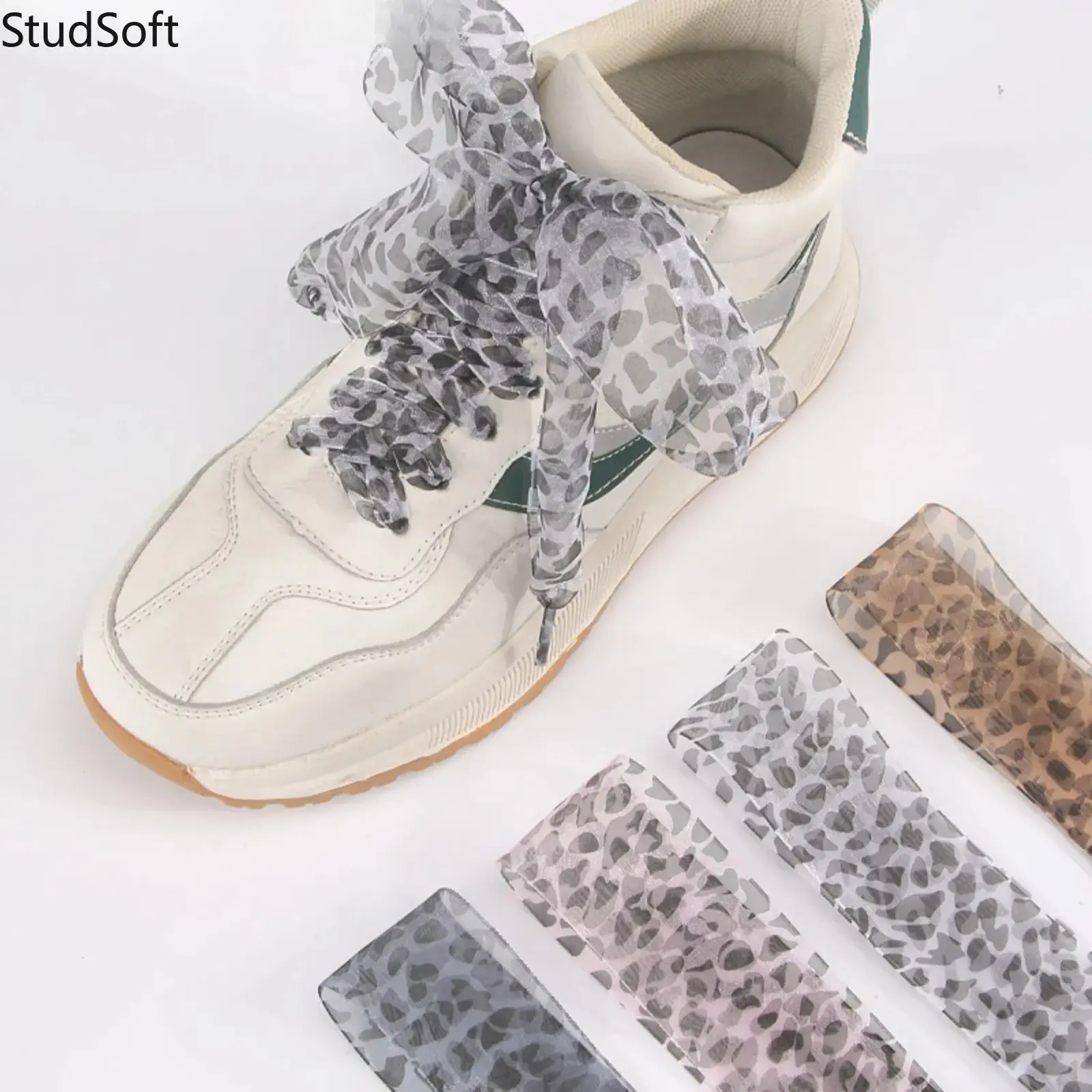 4cm Extra Wide White Leopard Print Organza Ribbon Flat Laces - Sheer Satin Decorative Shoelaces for Casual Sneakers, Casual Wear Lacing (1 Pair)