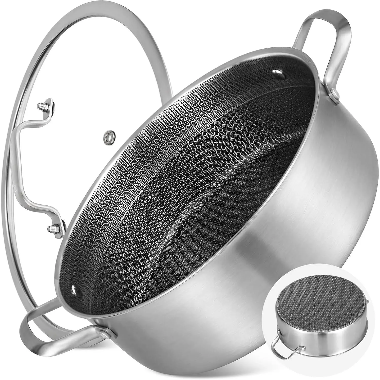 7 QT Large Deep Frying Pan with Lid, 12 Inch Nonstick Triply Stainless Steel Skillet Saute Pan, Ceramic Hybrid Honeycomb Cookware for Family Meal – Oven & Induction Ready, Riveted Handles
