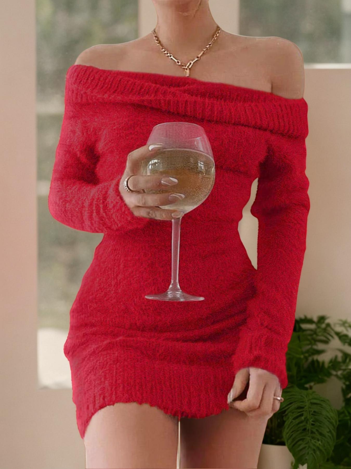 Women's Off Shoulder Sweater Dress, Elegant Long Sleeve Bodycon Dress for Party Club Dating Wear, Women's Knitwear for Fall & Winter