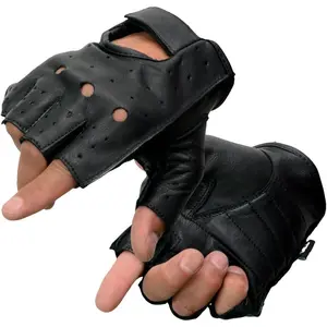 SH195 Men's Black Leather Perforated Gel Padded Palm Fingerless Motorcycle Hand Gloves W/ 'Open Knuckle’