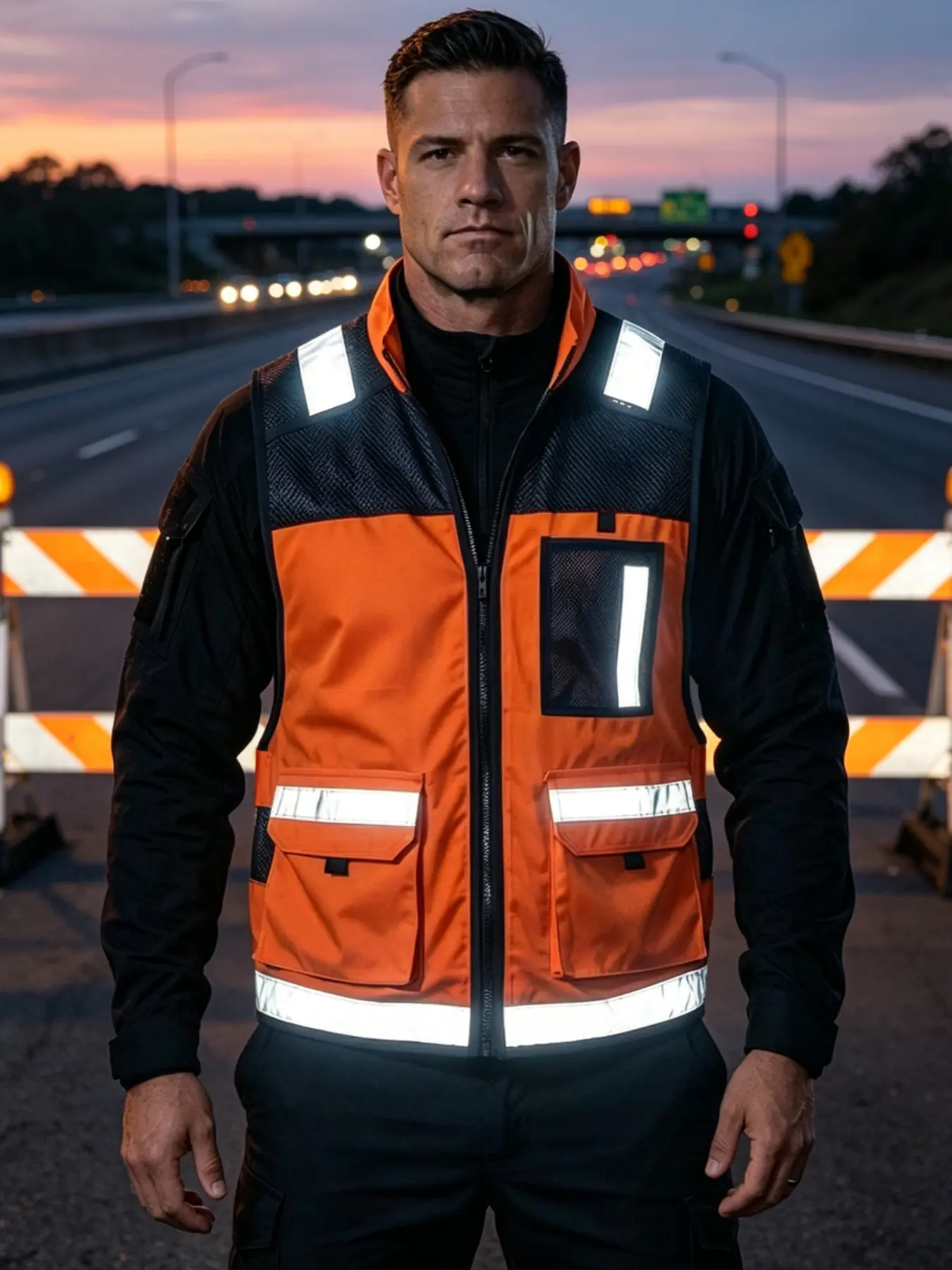 American Style Summer Men's Reflective Strip Safety Outdoor Workwear Vest, Construction Gear, Multi-Pocket Breathable Mesh High Visibility Warning Safety Emergency Vest for Construction & Sanitation, Patrol Jacket with Functional Design