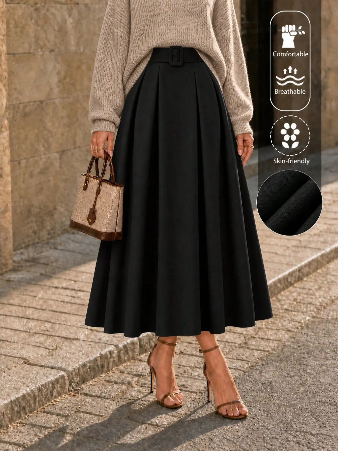 Elegant Belted Pleated Suit Dress, Midi A-Line Skirt, Versatile Office Wear, Perfect for Fall Winter, Adjustable Waistband, Chic Street Style