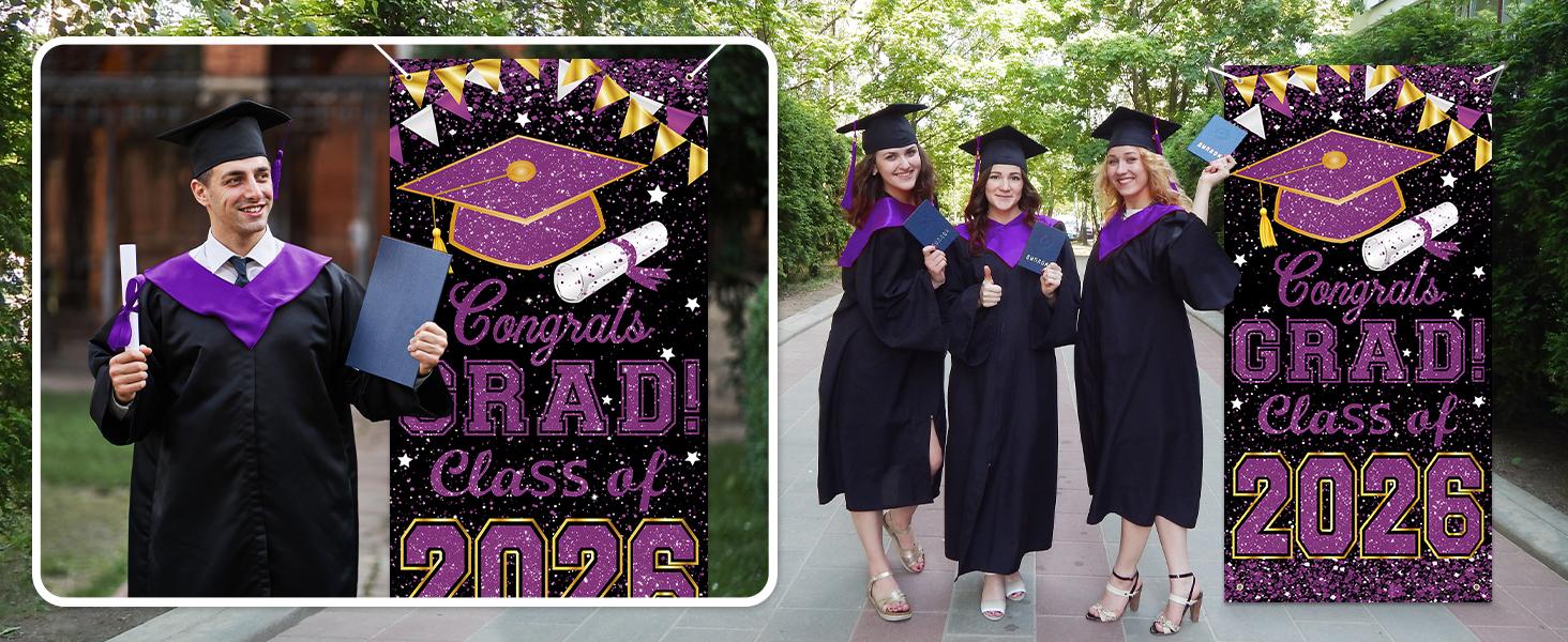 73 x 36 Inch Congrats Grad Class of 2026 Sign Banner Door Cover, Graduation Party Decorations, Large Front Door Porch Sign Backdrop for Wall Indoor Outdoor Photo Booth Props Party Supplies (Purple)