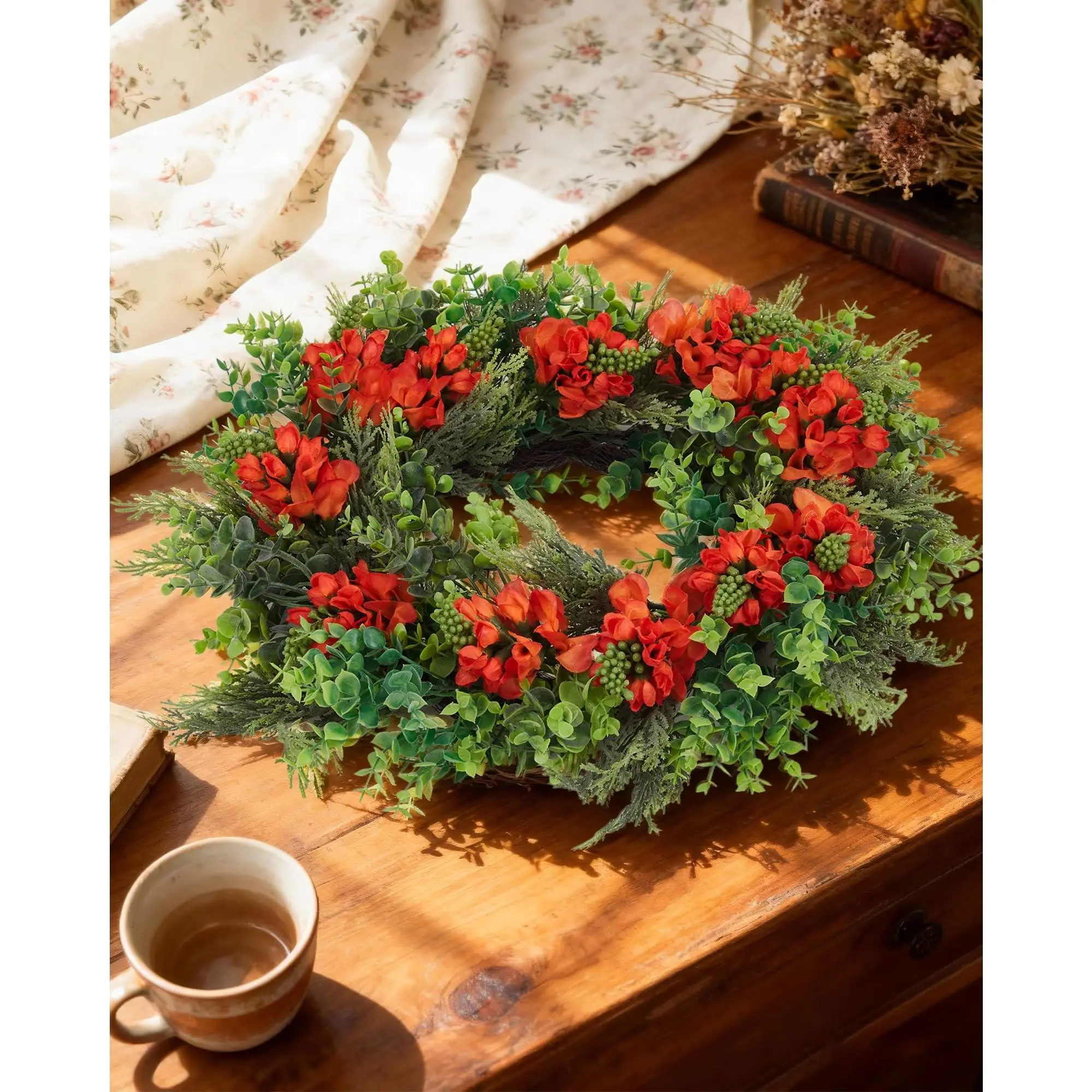Garvee 20 Inch Artificial Dragon Beard Flower Wreath - Greenery Wreath for Front Door, Porch, Wall, Indoor and Outdoor Home Decor, Year-Round Accent Suitable for Farmhouse, Rustic, and Modern Style