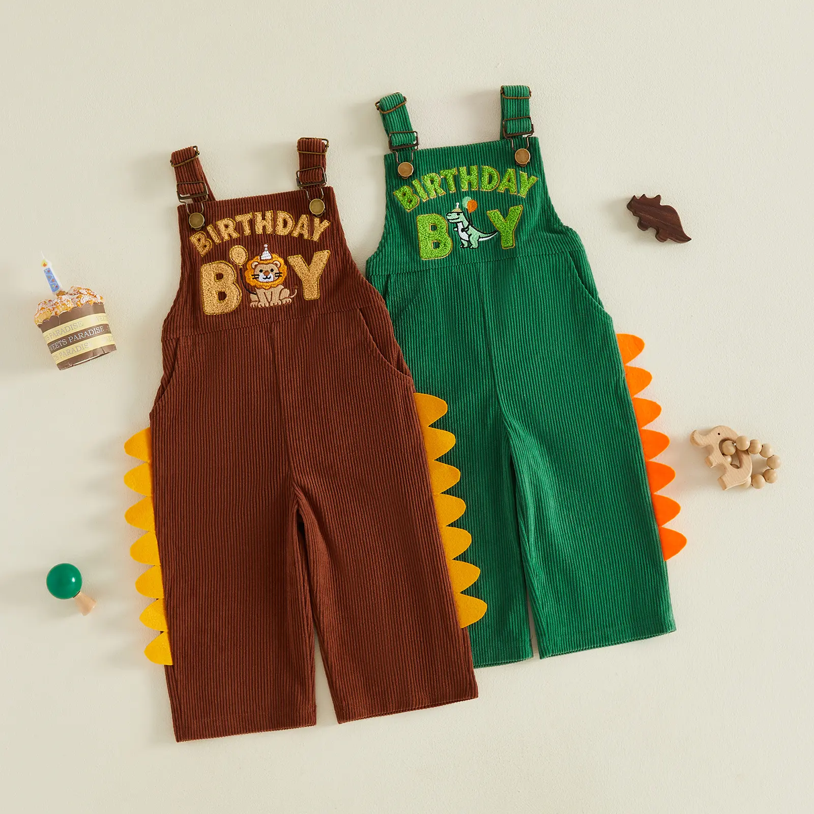 Baby Boys Birthday Corduroy Overalls Dinosaur Spikes Decorated Strap Jumpsuit with "Birthday Boy" Embroidery Adjustable Suspenders Party Outfit Brown Green