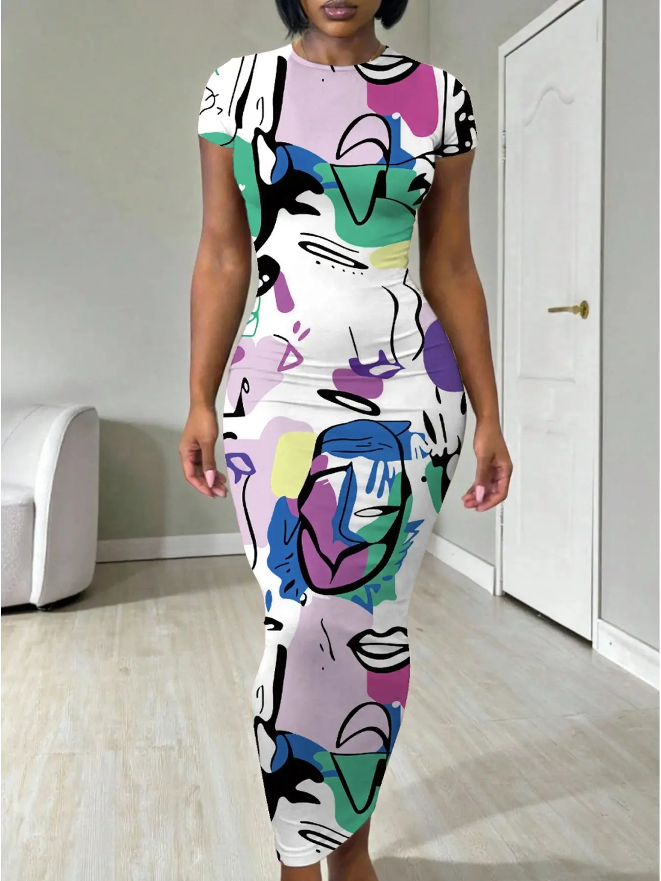 Ladies Multicolor Graffiti Abstract Printed Midi Dress, Sexy Bohemian Casual Style, Wrinkle Resistant, Ideal for Weekend Brunch & Shopping