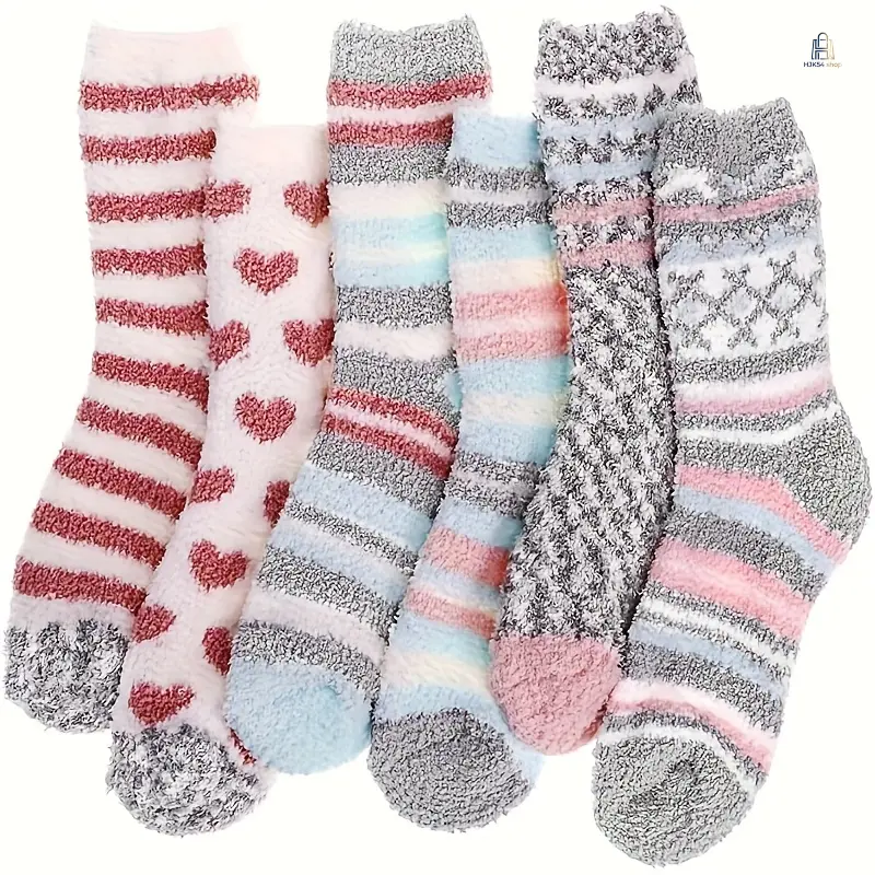 6Pairs Striped Fuzzy Coral Fleece Socks, Warm Plush Home Floor Socks, Cute Pink Cozy Sleep Socks, Non Slip Winter Indoor Slipper Socks for Bedroom Daily Lounge